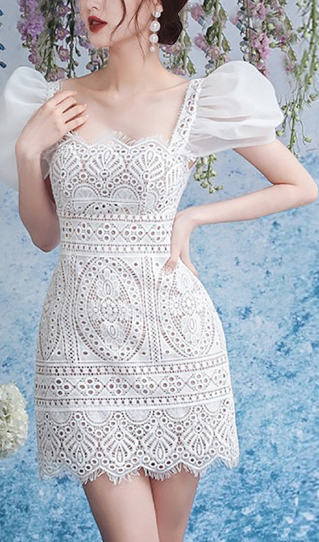 Retro Puff Sleeve Lace Mini Dress Flowering Girl