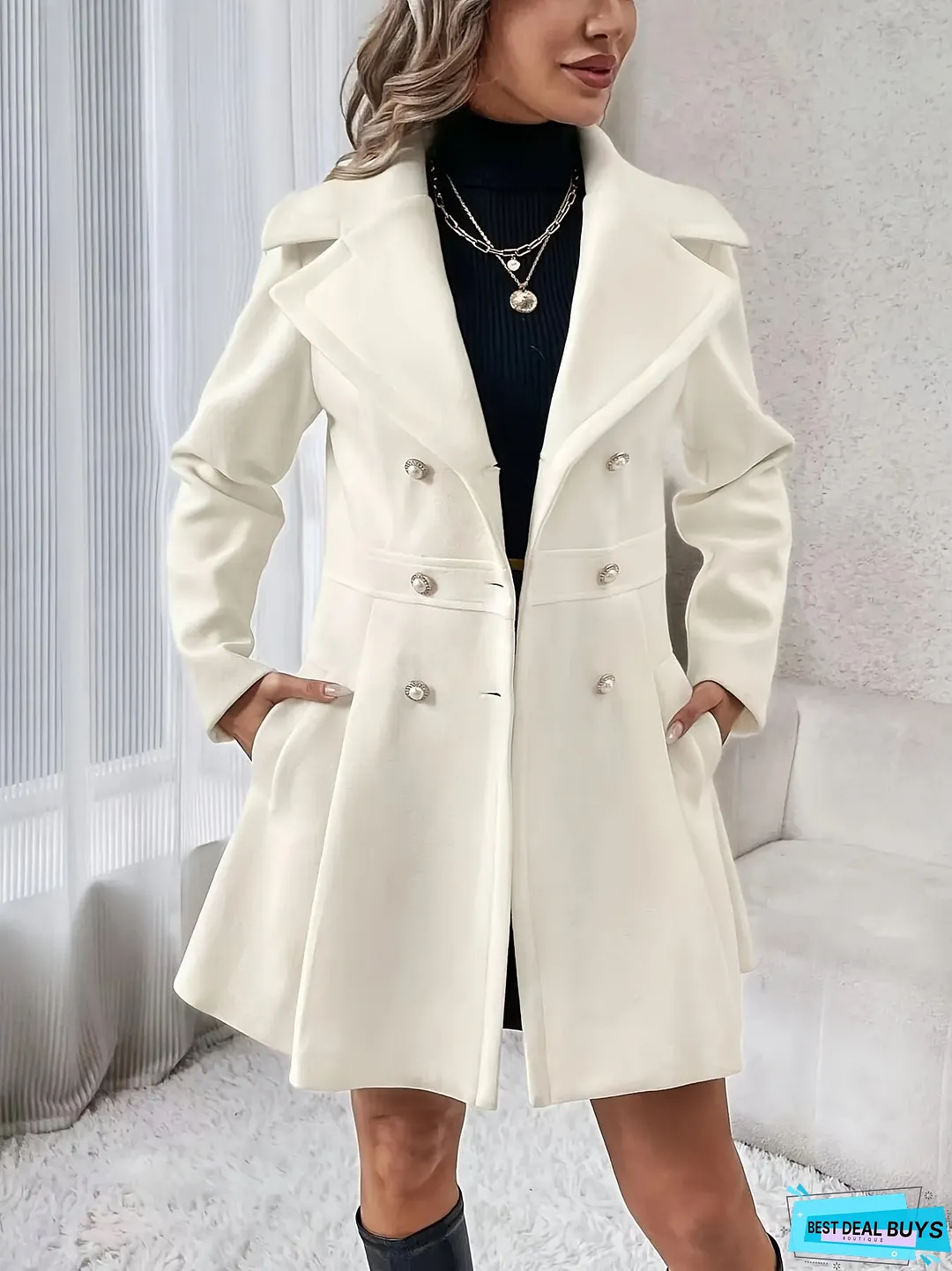 Double-breasted Flare Coat, Elegant Notched Collar Long Sleeve Blazer For Fall & Winter, Women's Clothing
