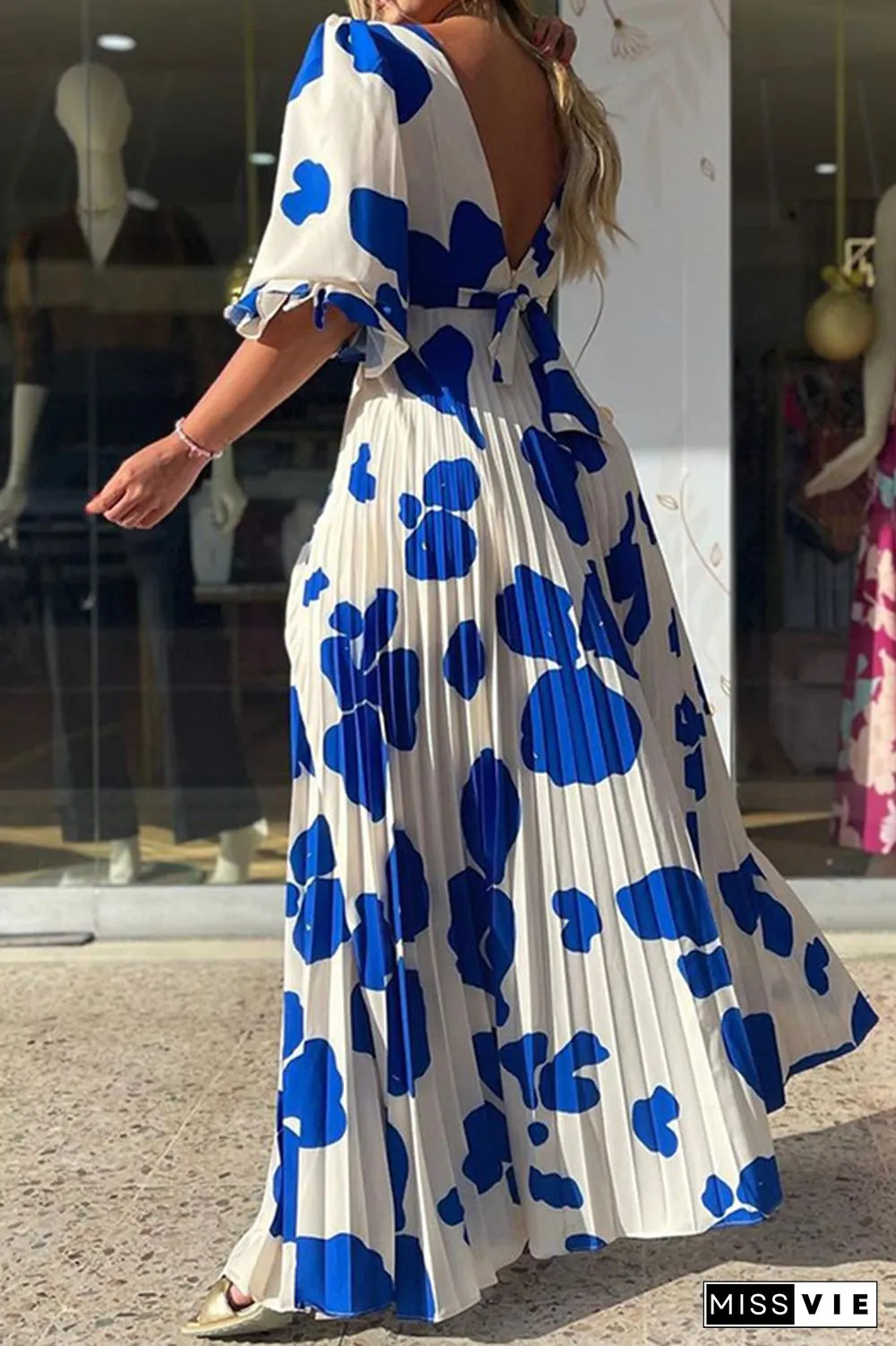 Elegant Geometric Printing V Neck A Line Dresses