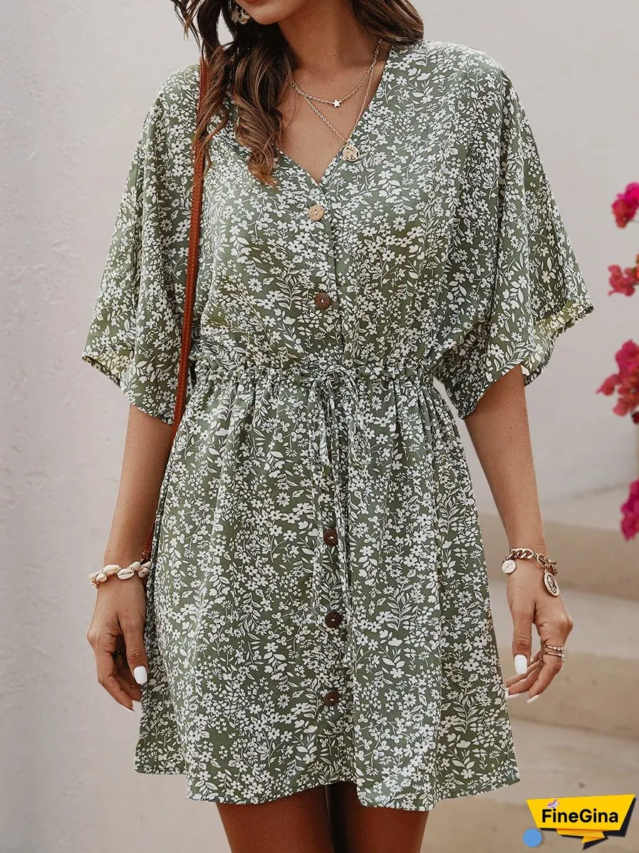 V-Neck Single-Breasted Button Printed Pattern Floral Mini Dress