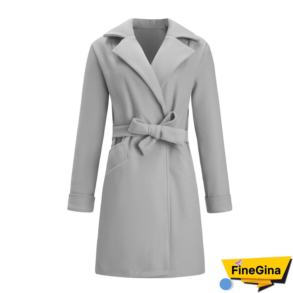 Notched Lapel Collar Belted Wool Blend Coat
