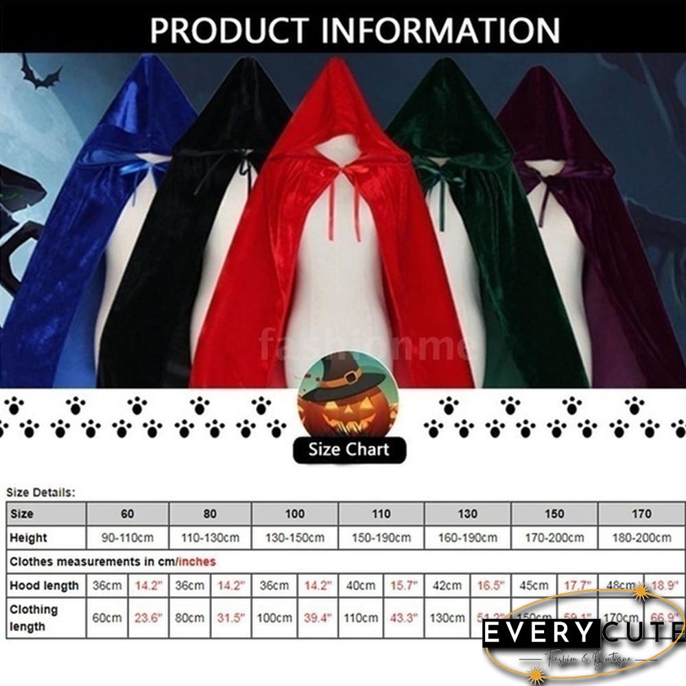 Adult Hooded Cloak Long Velvet Cape Robe Green Black Red Halloween Carnival Purim Coats Medieval Witch Wicca Vampire Costume