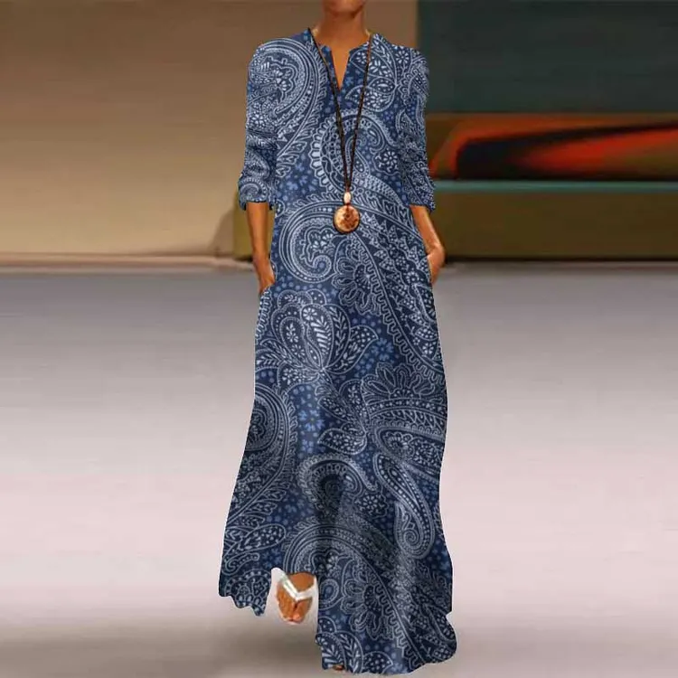 Vintage Ethnic Paisley Aztec Geometric Pattern Casual Maxi Dress