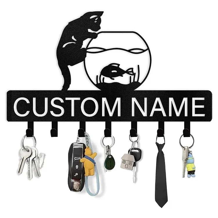 Custom Cat Key Holder for Wall, Metal Key Rack Wall Mount, Custom Name Cat Key Rack Hanger with Hooks