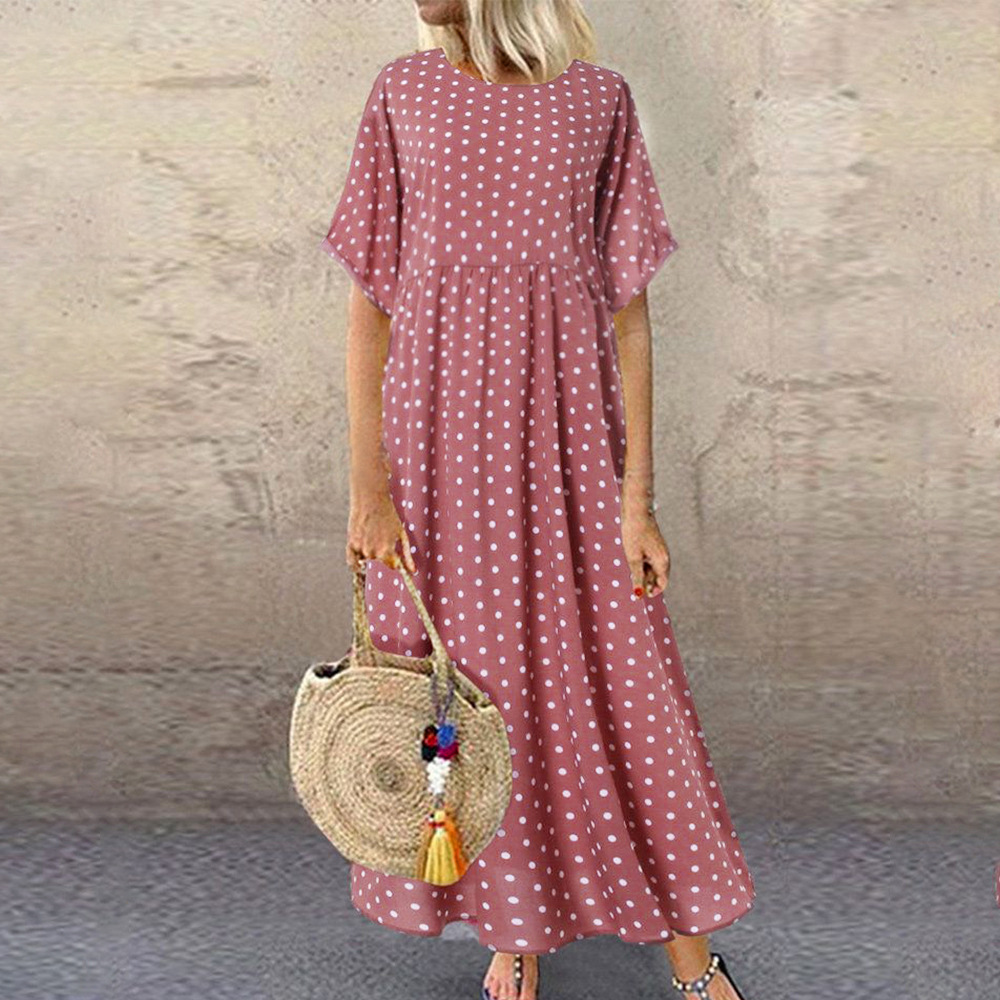 Summer New round Neck Short Sleeve Polka Dot Long Dress