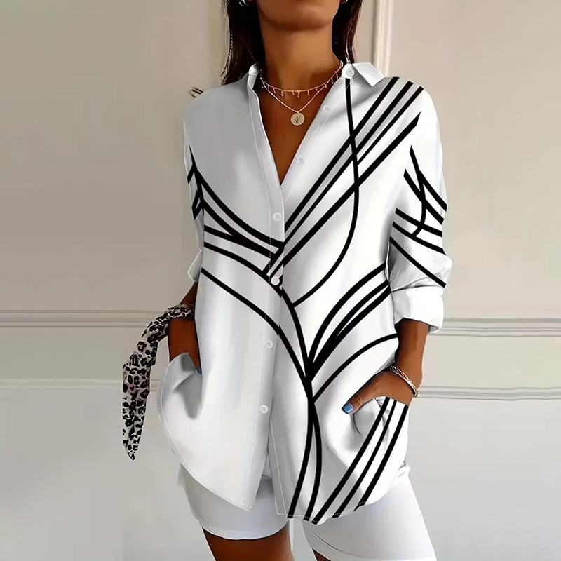 Comstylish Women's Striped Art Print Long Sleeve Shirt