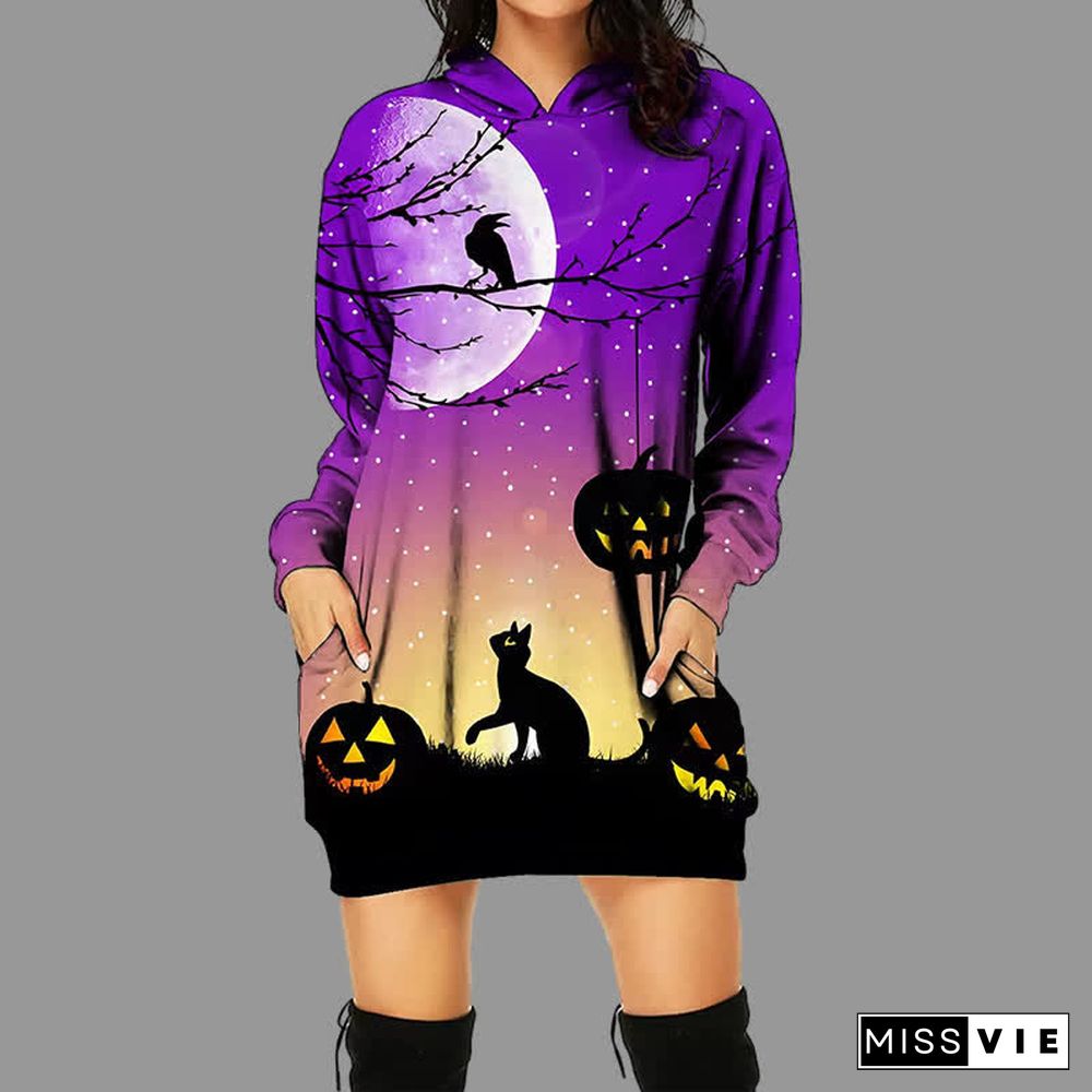 Halloween Pumpkin Black Cat 3D Print Long Sleeve Pocketed Hoodie