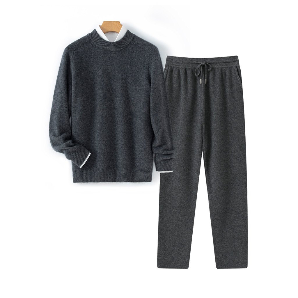 Men's Grey Crew-Neck Cashmere Sweater and Pants Set | Modern Minimalist REAL SILK LIFE