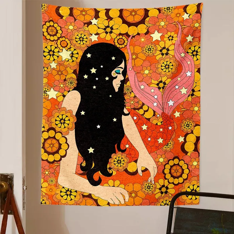 80S Retro Tapestry Wall Hanging Vintage Colorful Decor for Girls Dorm Decoration INS Trippy Tapestry Psychedelic Hippie Decor