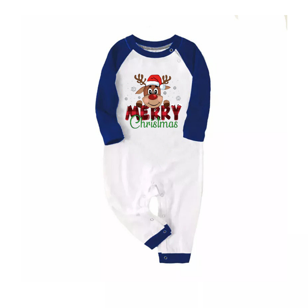 "Merry Christmas" Text and Deer Print Blue & Black Plaid Long Sleeve Christmas Family Matching Pajamas