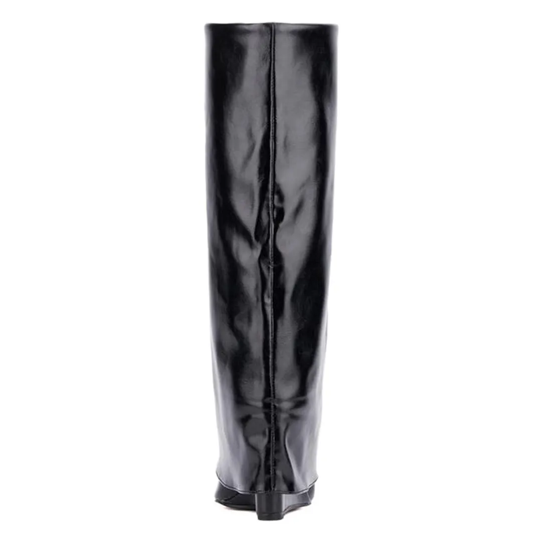 Ladies Vegan Leather Pointed Fold-Over Wedge Heel Boots in Black