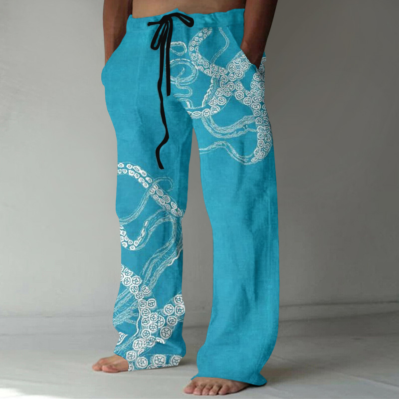 Japanese Art Octopus Print Casual Linen Blend Pants  artssus