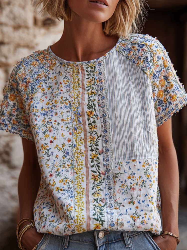 Women's Fresh Small Floral Patchwork Art Embroidery Lightweight Comfortable Crew Neck Cotton Linen Top