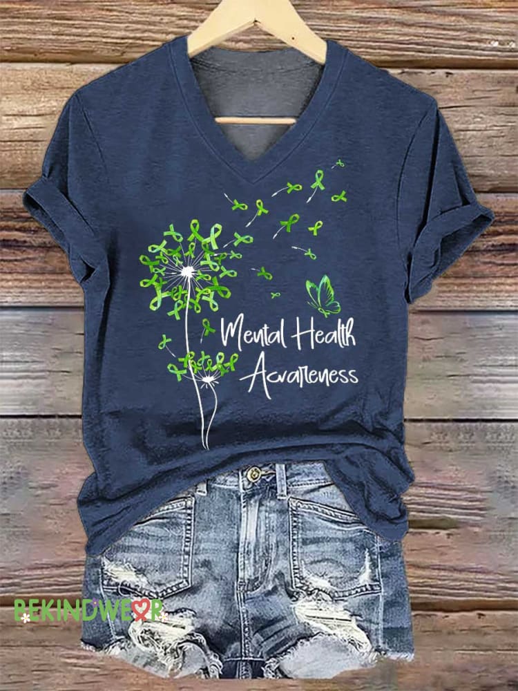 Women&rsquo;s Dandelion Mental Health Awareness V-neck Casual T-Shirt Blue / S