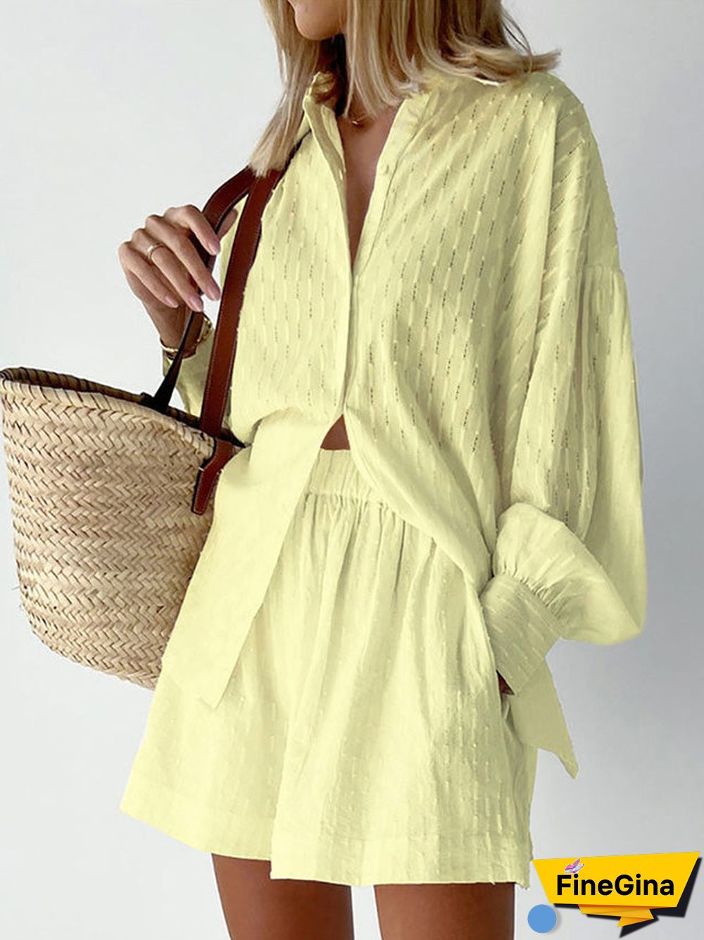 Women'S Sets Jacquard Long Sleeve Shirt & Shorts Two Piece Set