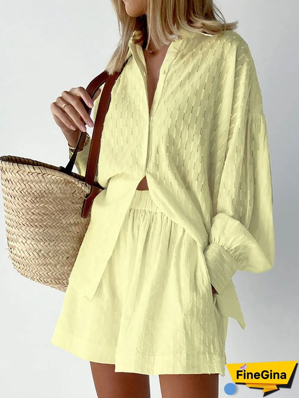 Women'S Sets Jacquard Long Sleeve Shirt & Shorts Two Piece Set