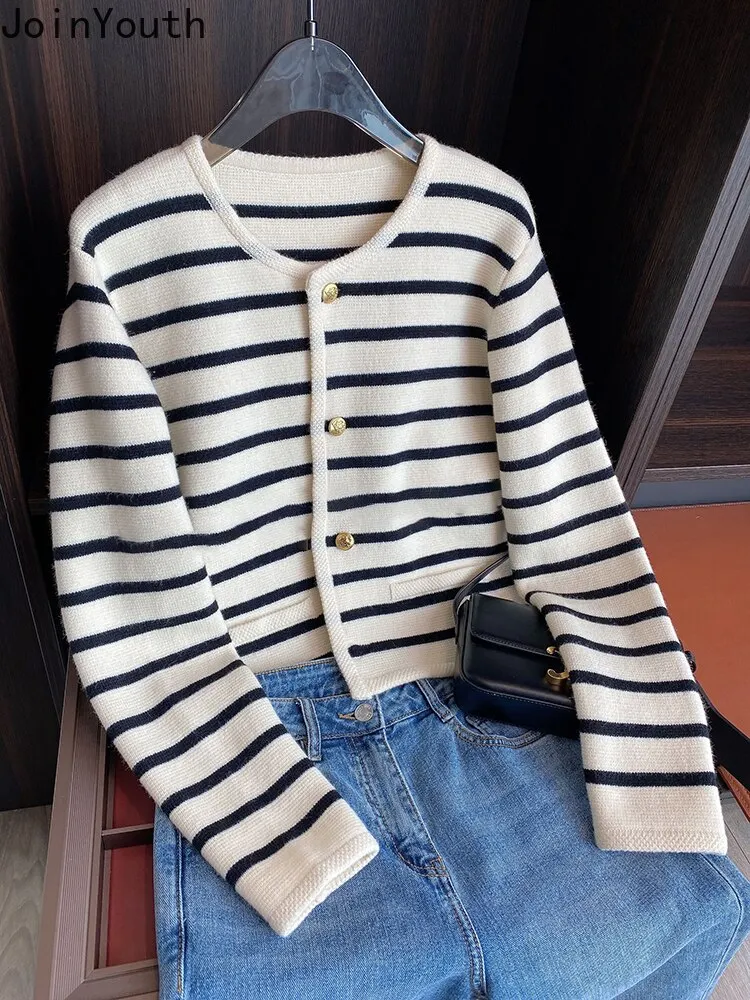 Nigikala Striped Cardigan Coat Women's Clothing O-neck Long Sleeve Sweet Knitted Korean Sweater Tops Pull Femme 2022 Ropa Mujer