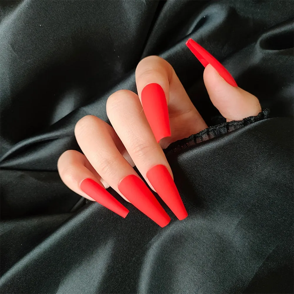 24Pcs Detachable False Nails Long Ballerina Artificial Fake Nails Full Cover Jelly Red Coffin Nail Tips DIY Manicure Tool 515-Nail Inspo