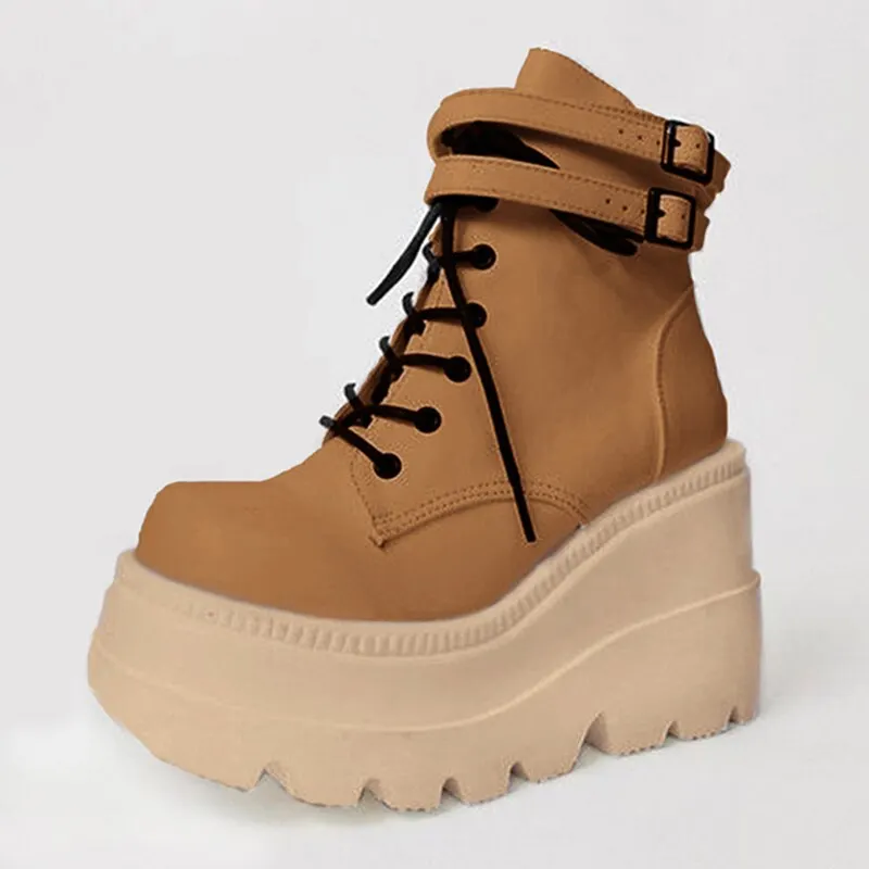 2020 New Women's Thick Bottom Muffin Boots Lace Up Flat Biker Combat Shoes Buckle Women Martin Boots
