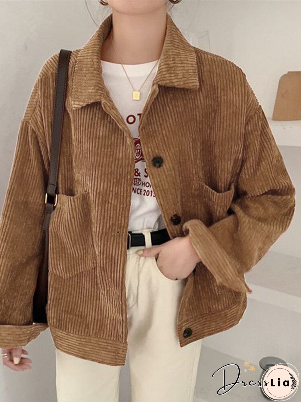 Corduroy Solid Pocket Button Loose Long Sleeve Lapel Jacket