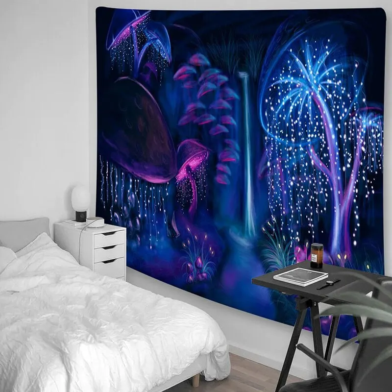 Fluorescent Tapestry Luminous Hanging Cloth Aesthetic Room Decor Home Psychedelic Background Wall Glows Under Ultraviolet Light