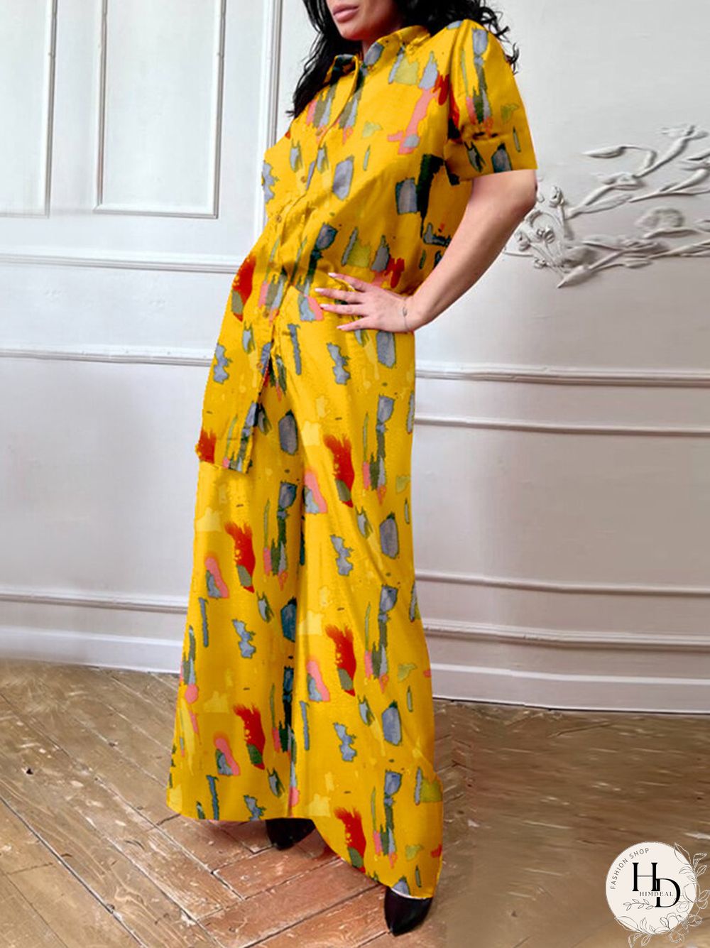 Brush Print Lapel Pocket Short Sleeve Wide Leg Two Pieces Suit