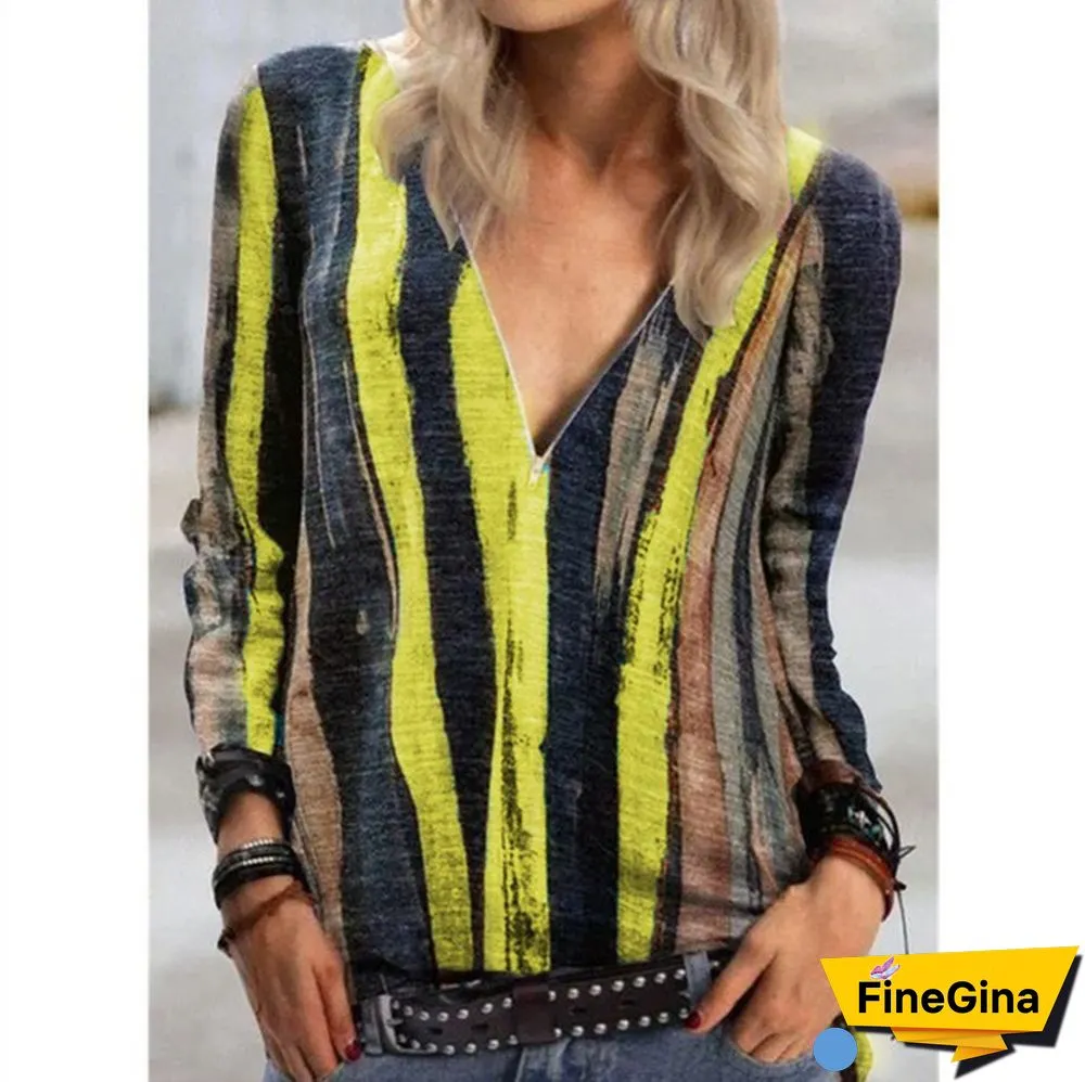 Women's Fashion Plus Size Loose Tops Stripes Printed Deep V-neck Blouse Long Sleeve T-shirt
