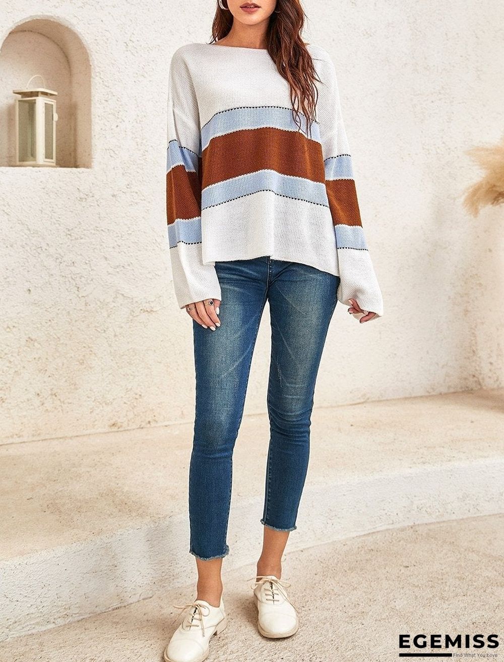 Ladies Color Striped Loose Long Sleeve Sweater | EGEMISS