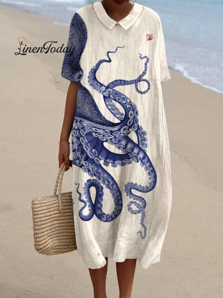 Women&rsquo;s Japanese Octopus Art Pocket Linen Dress(Convertible Dress With Front And Back Option)