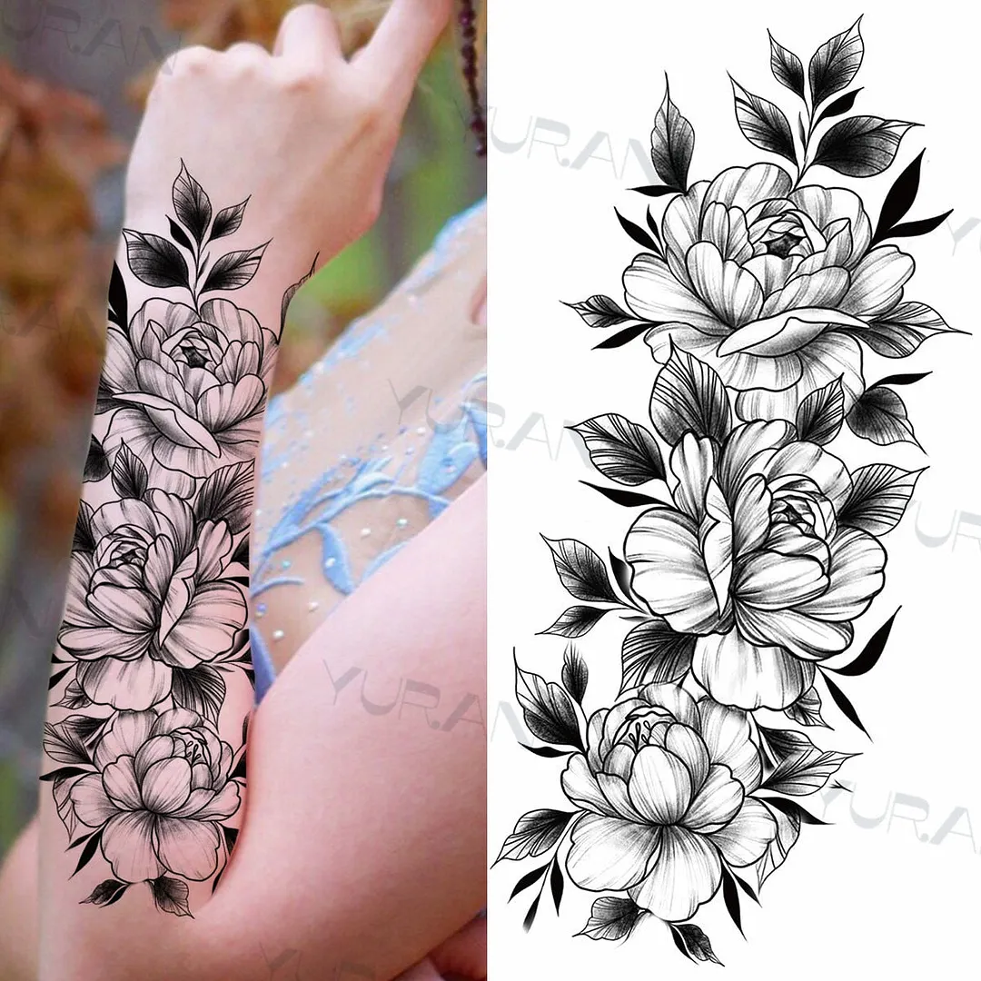 Black Large Snake Flower Fake Tattoo Sticker For Women Dot Rose Peony Temporary Tattoos DIY Water Transfer Tatoos Girls 530