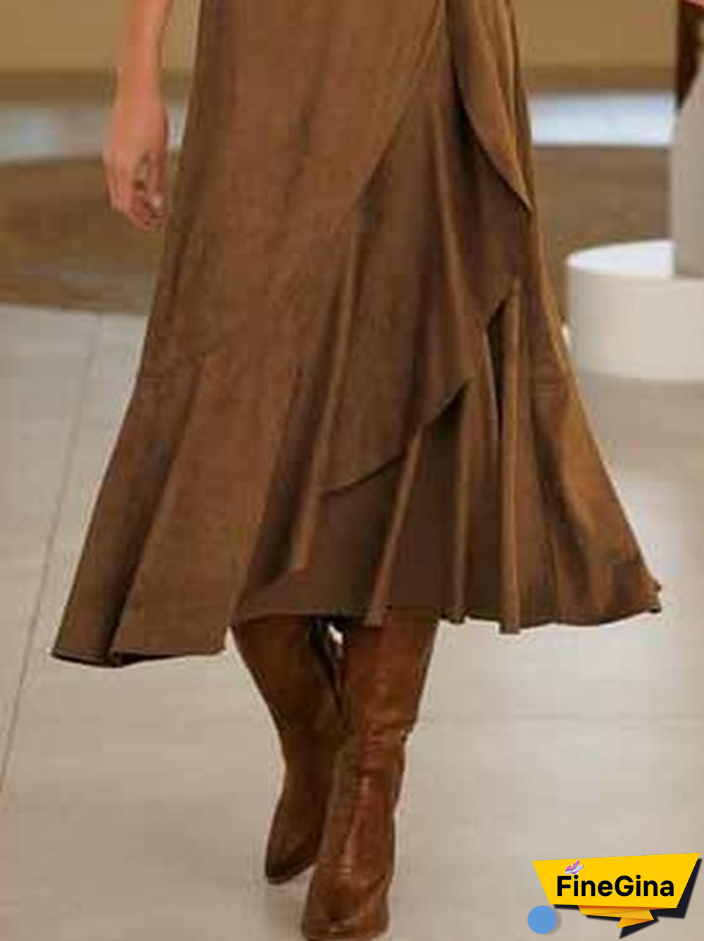 Casual Plain Autumn Suede Natural Daily Loose Midi A-Line Skirt for Women