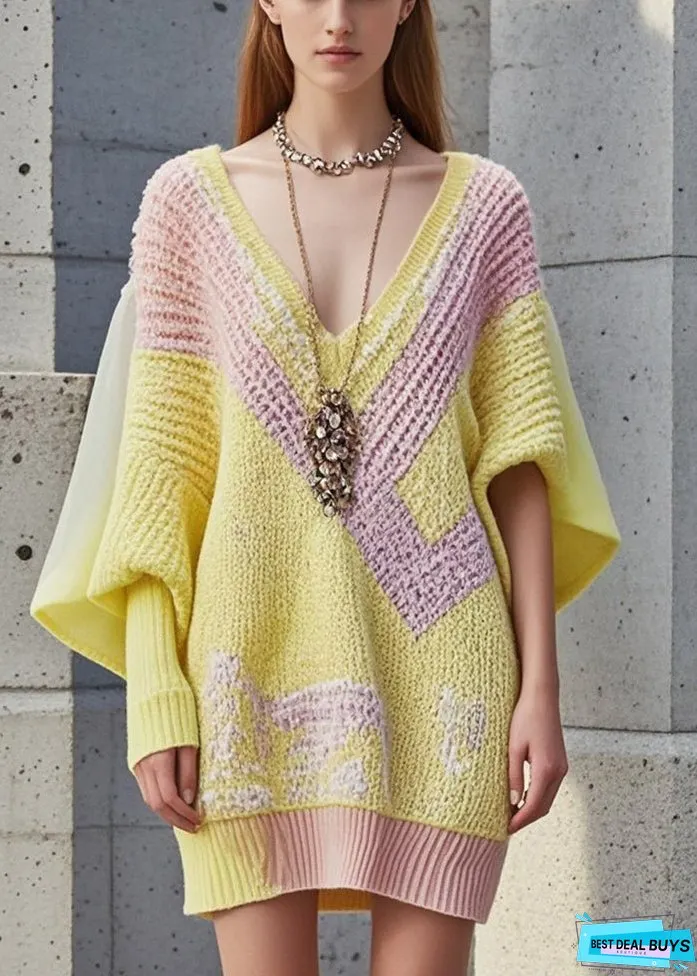 Women Yellow Asymmetrical Patchwork Long Knit Dress Fall