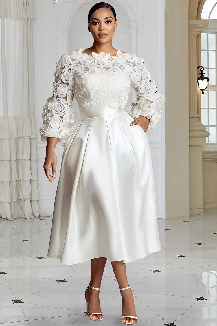 Xpluswear Design Plus Size Wedding White Round Neck 3/4 Sleeve 3D Elegant Pocket Satin Midi Dresses 2024 - Xpluswear