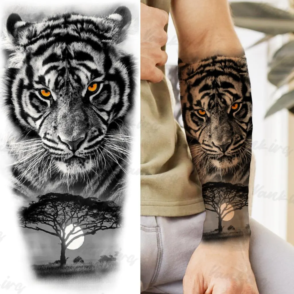Sdrawing Lion Knight Temporary Tattoos For Men Adults Realistic Tiger Skeleton Fake Tattoo Sticker Arm Water Transfer Tatoos 3D