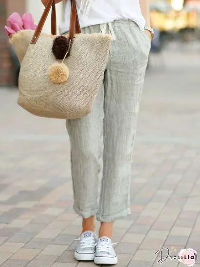 Pockets Cotton-Blend Solid Casual Pants