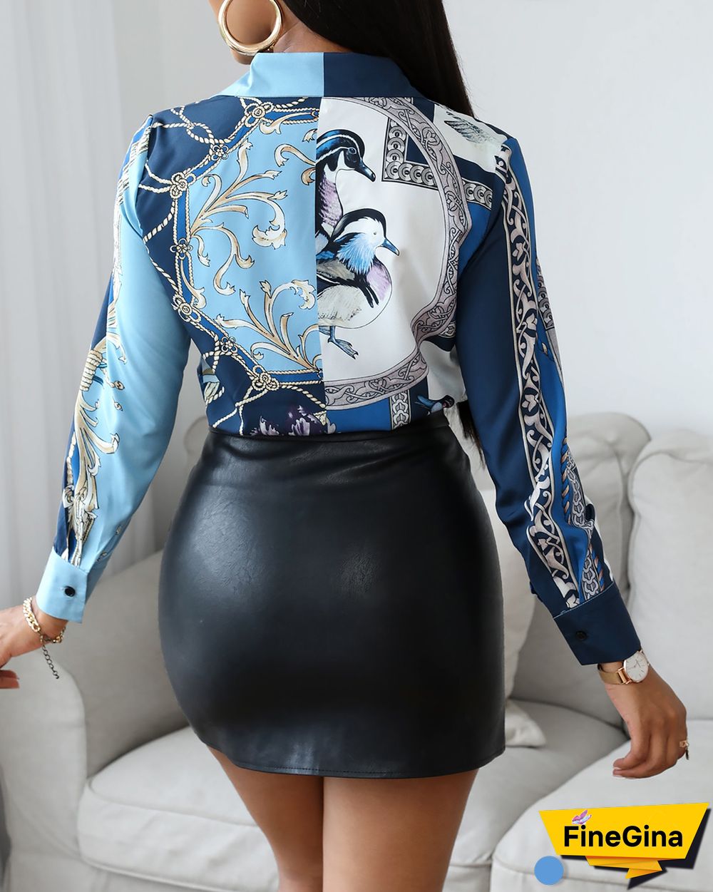 Bird Scarf Print Long Sleeve Shirt