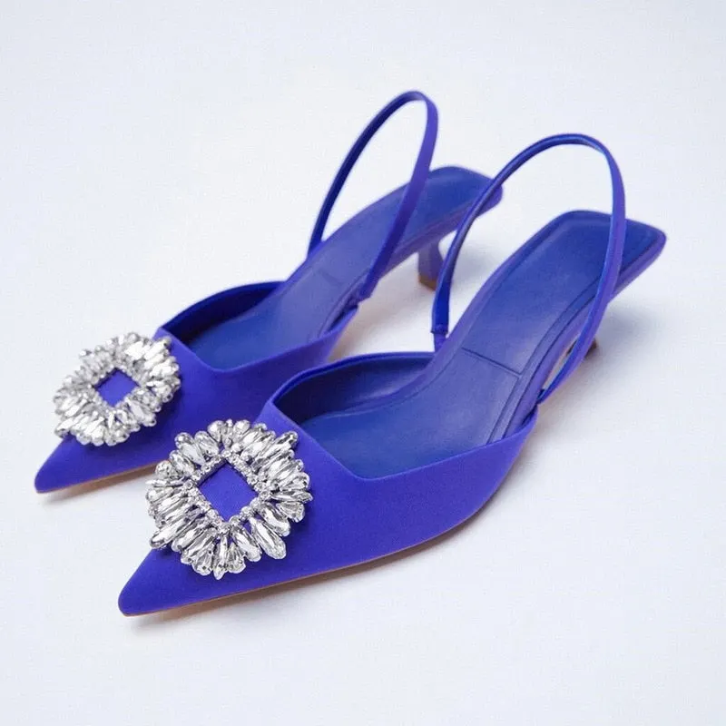 Women Pointed Toe Shoes Light Yellow Diamond Shallow Mouth Slippers Back Strappy Low Heel Sandals For Women 2021 New Arrival