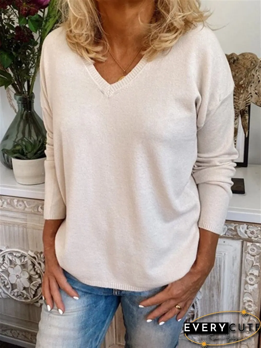 Solid Long Sleeve V Neck Casual Sweater