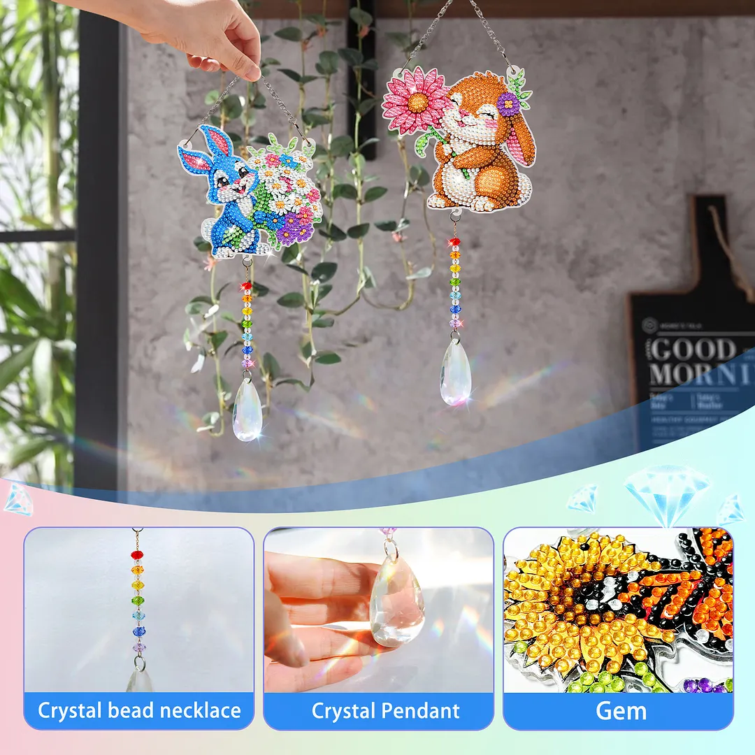 2Pcs Flower Rabbit DIY Double-Sided Diamond Painting Hanging Kits Diamond Painting Suncatcher Craft Kit for Home Garden Wall Decor Gift