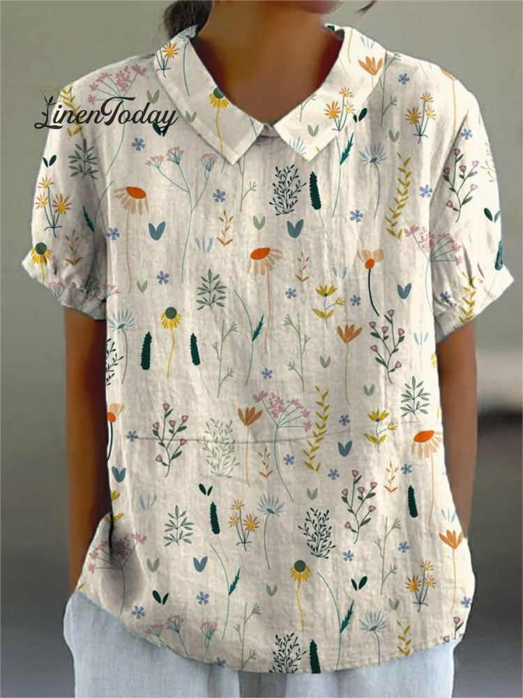 Women&rsquo;s Retro Floral Art Print Casual Cotton And Linen Shirt Multicolor / S