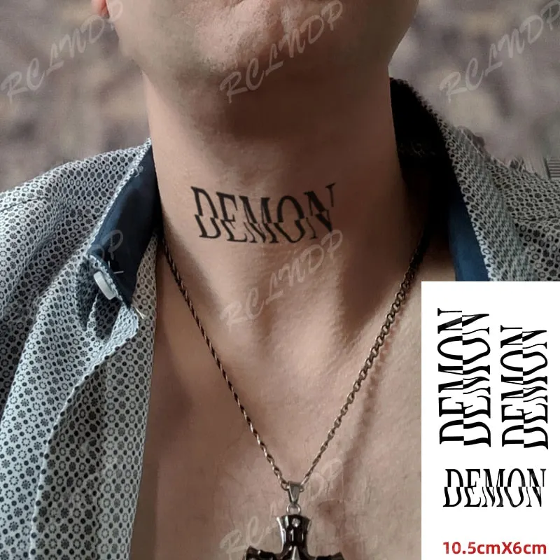 Waterproof Temporary Tattoo Sticker Neck Black Word Angel Devil Bull Cross English Letters Flash Tatoo Fake Tatto for Woman Men