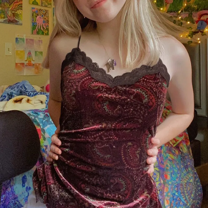 Rapcopter y2k Velvet Crop Top Lace Frill Cute Camis Backless Strap Sexy Corset Tops Print Boho Grunge Fairycore Mini Vest Women