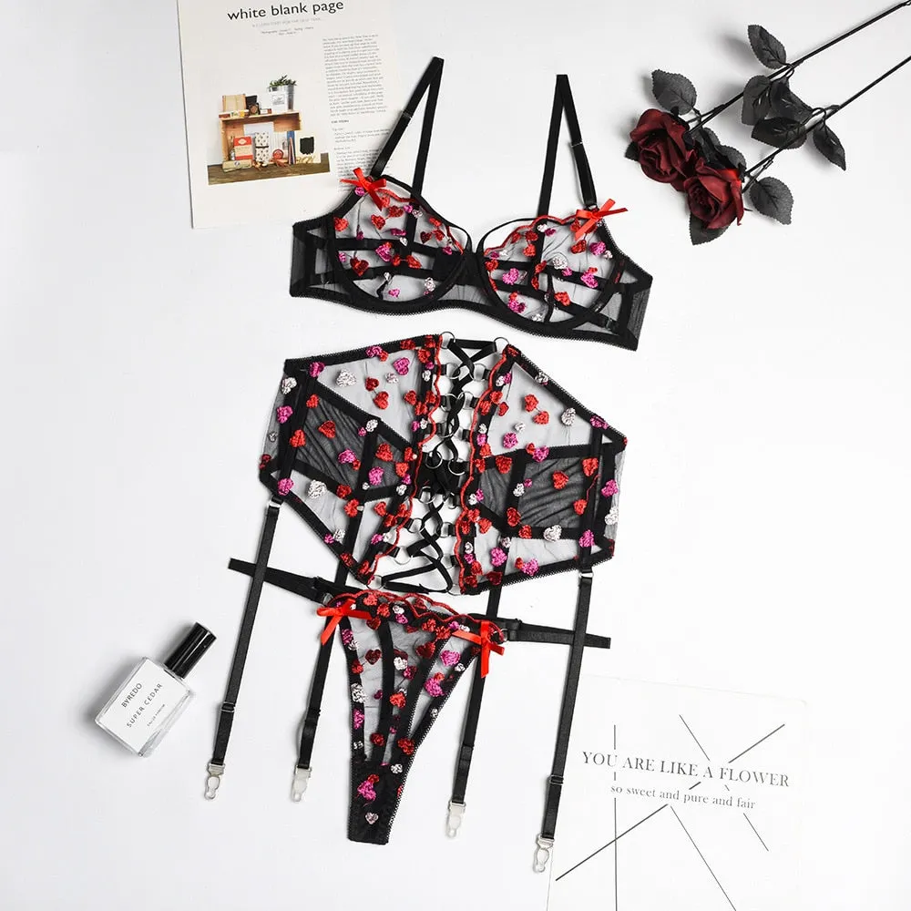 MIRABELLE Sensual Lingerie Sexy Transparent Lace Bra Erotic Sets Love Embroidery 3 Piece Underwear Brief Sets with Garters