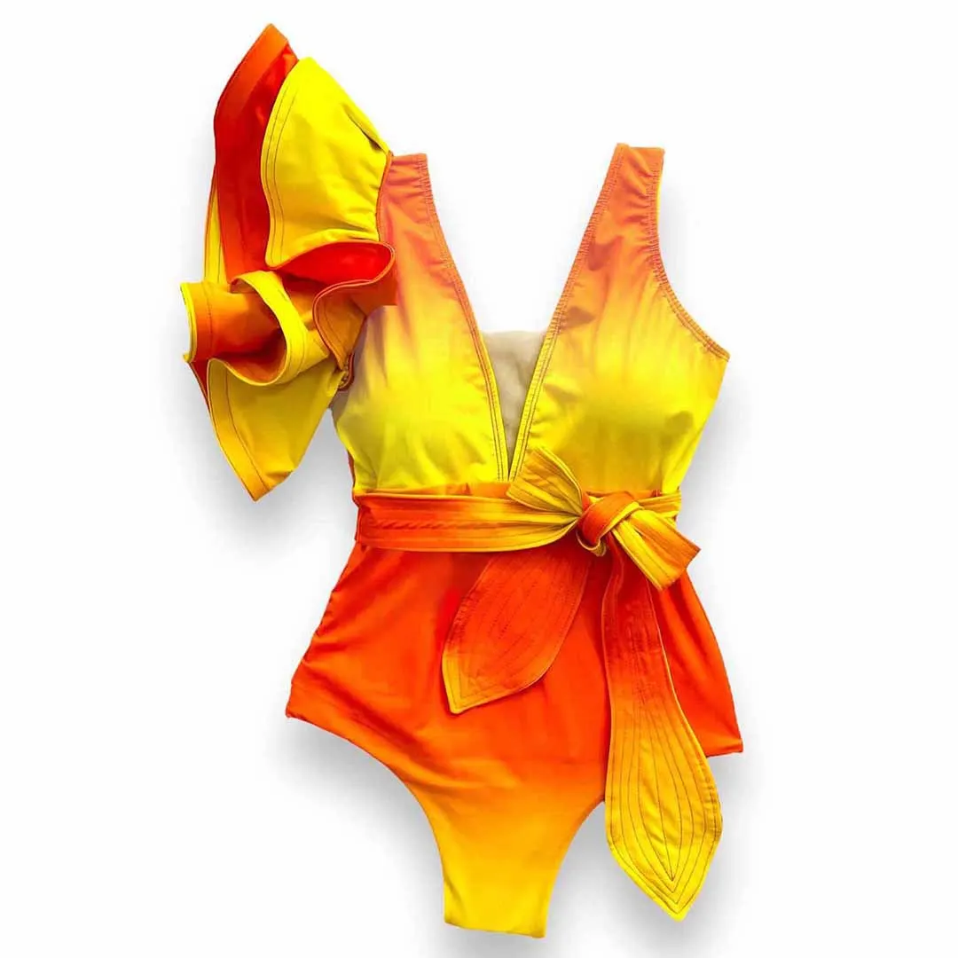 Uveng 2025 New One-Piece Swimsuit Women Two-Piece Set Of Gradient One-Shoulder Double-Edged Swimsuit