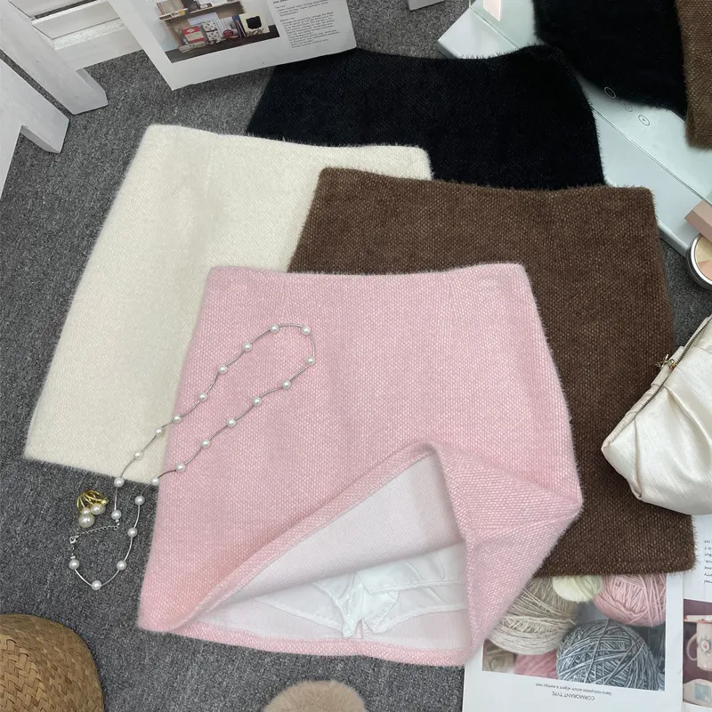 Uveng Real Shooting Pink Hair This Dress Girl Autumn And Winter High Waist A-Buffed Short Skirt Anti-Light One-Step Skirt 8871