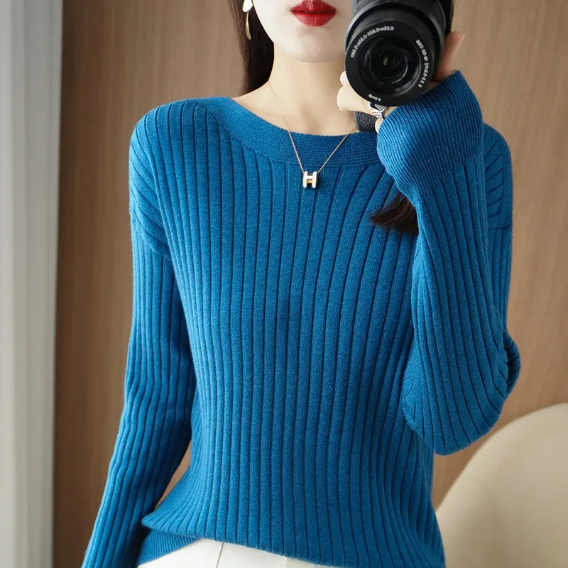 Churchf Churchf Round Collar Knit Women's Thin Early Spring And Autumn With A Sweater Long-Sleeve T-Shirt Wool Undershirt Loose.