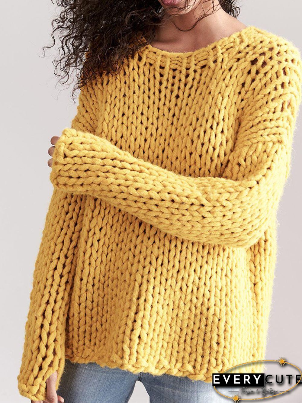 Casual Solid Knitted Round Neck Sweater
