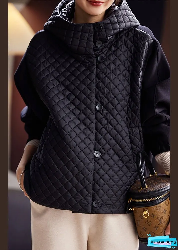 Women Black Hooded Button Cotton Filled Coats Long Sleeve