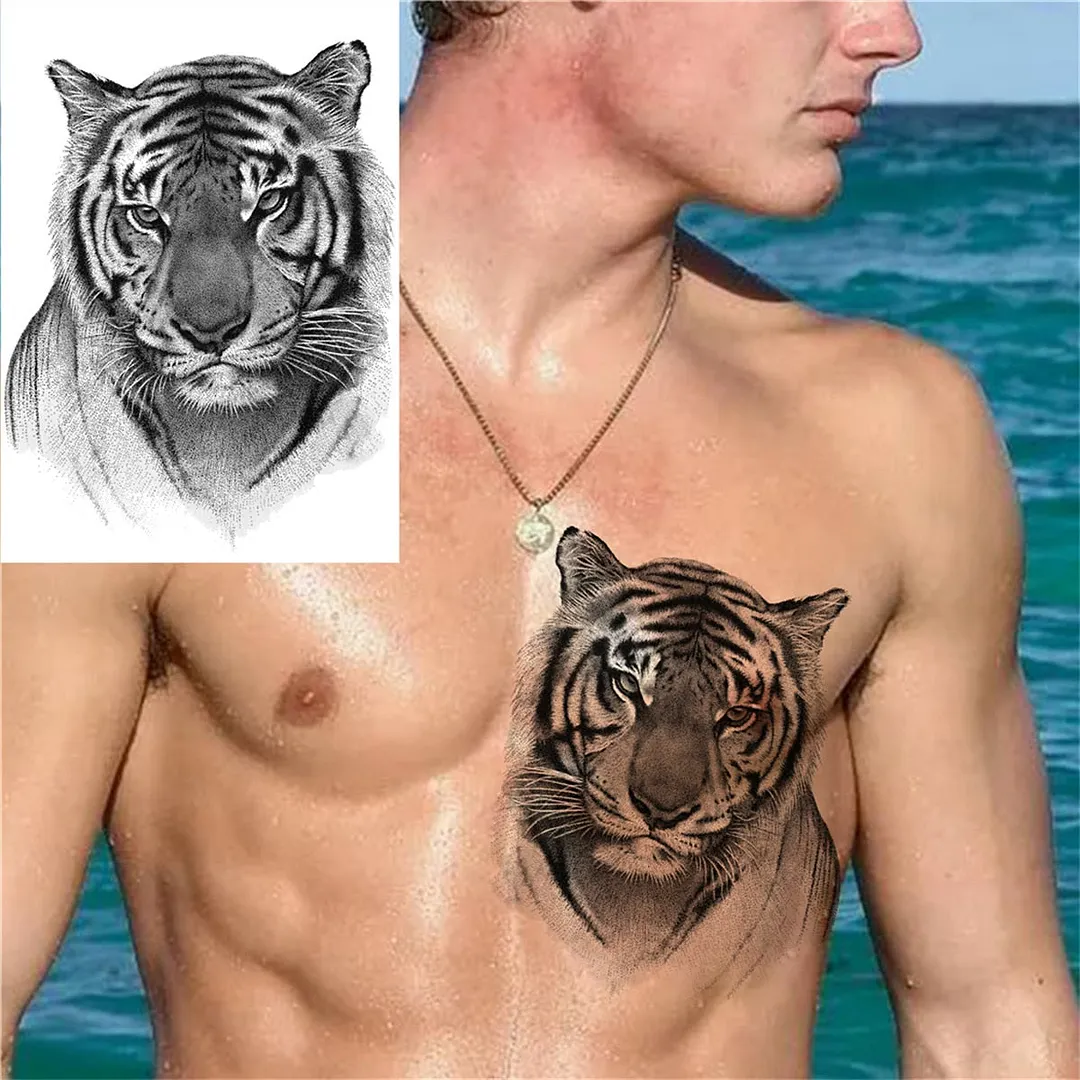 3D Lion Tiger Temporary Tattoos For Men Women Adult Black Wolf Tattoo Sticker Realistic Fake Bear Mountain Disposable Tatoo Body