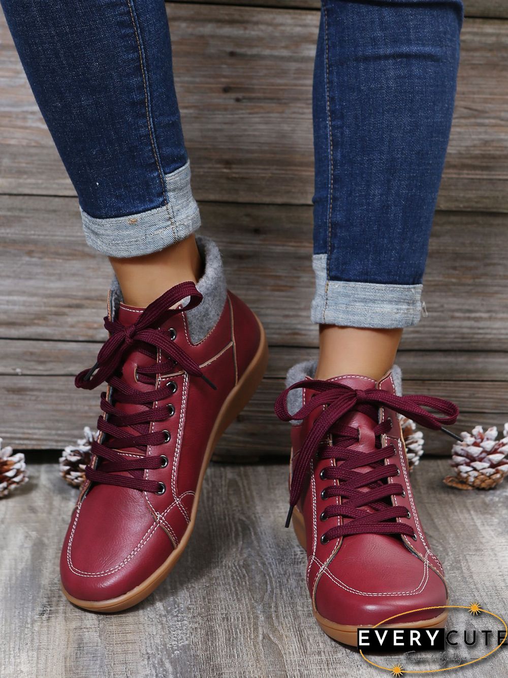 PU Leather Suede Panel Casual Short Boots